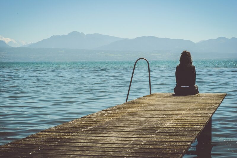 woman, dock, lake