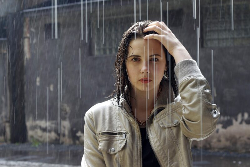 rain, woman, brunette