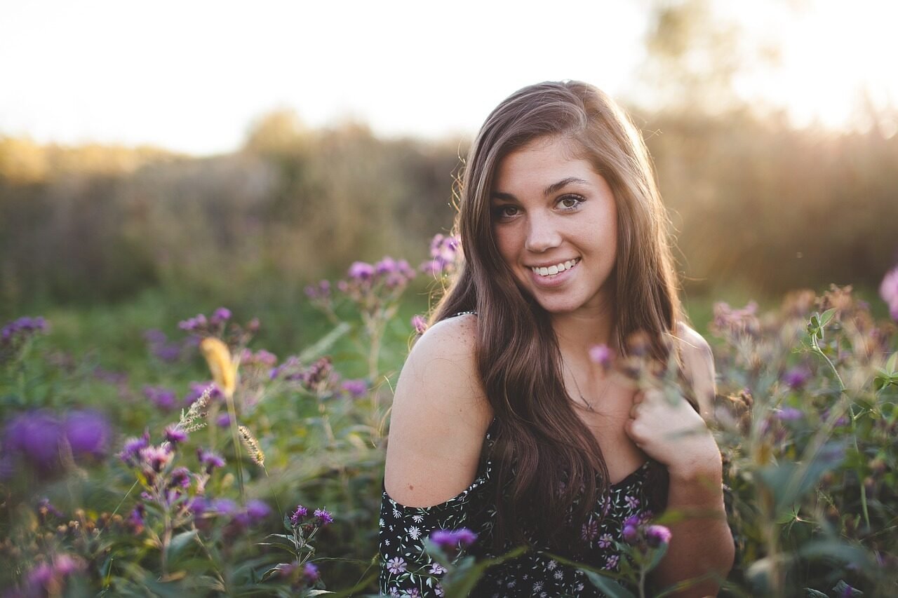 woman, model, portrait, hairstyle, brunette, young woman, female, girl, modeling, pose, posing, flowers, field, countryside, dress, nature, outdoors, summer, happy, laughing, smile, beautiful flowers, smiling, flower wallpaper, flower background, happiness