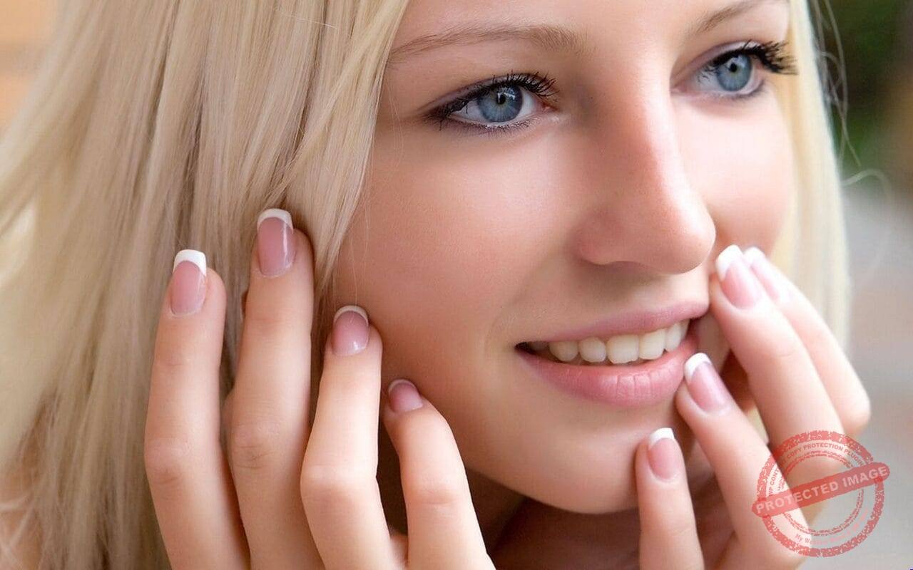 Blonde Blue Eyes Teeth Pink Nails Smiling Finger On Lips Face Closeup Alysha A