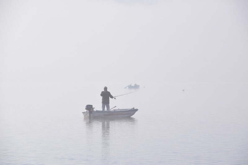 lake, fishing, fog