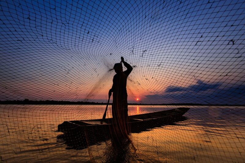 man, fishing net, lake