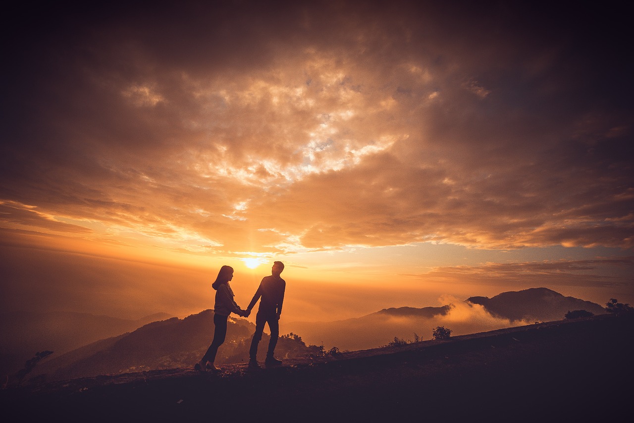 sunset, couple, sky