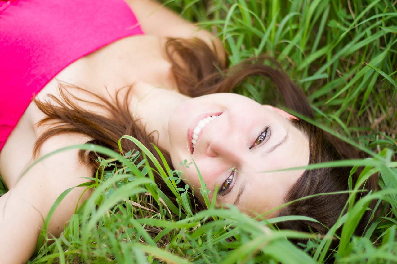 girl, grass, laying down