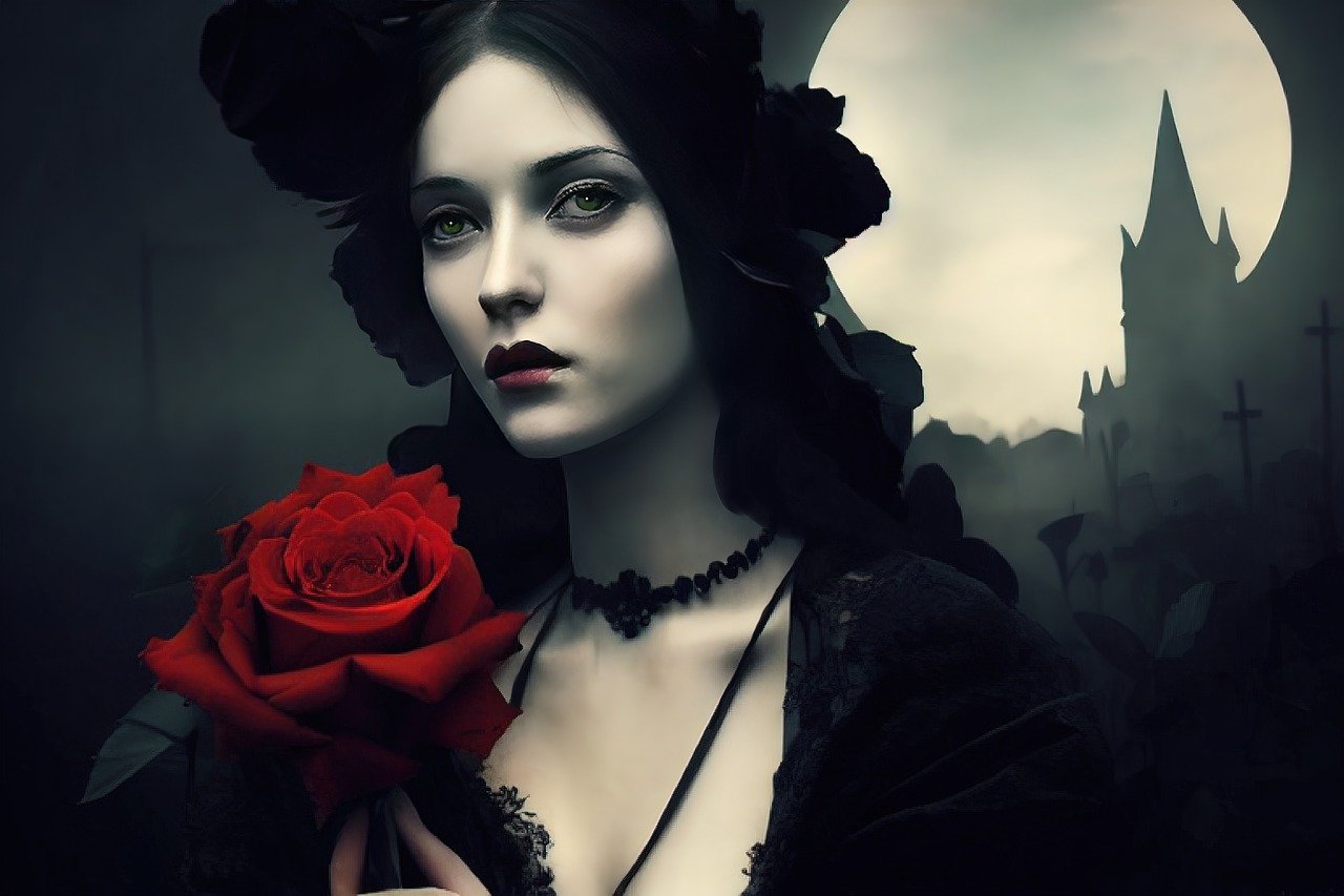 woman, red rose, gothic