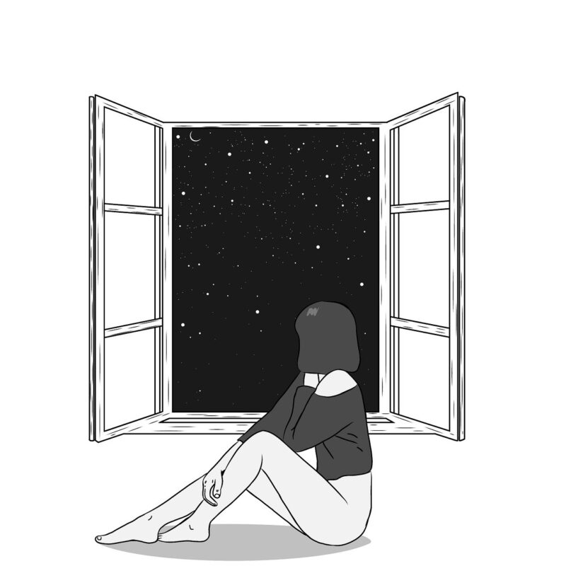 girl, night, window