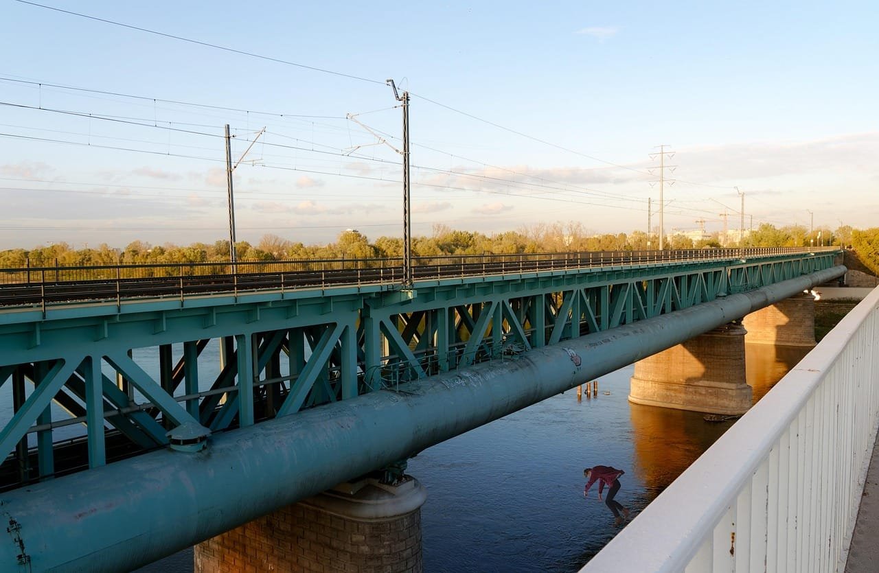 bridge, person, boy, drop, drowning, suicide, desperately, architecture, building, concrete, metal, pier, sunlit, composition, water, sky, nature