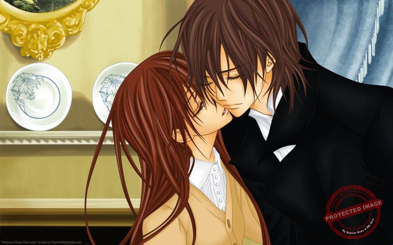Animated fantasy couple kissing