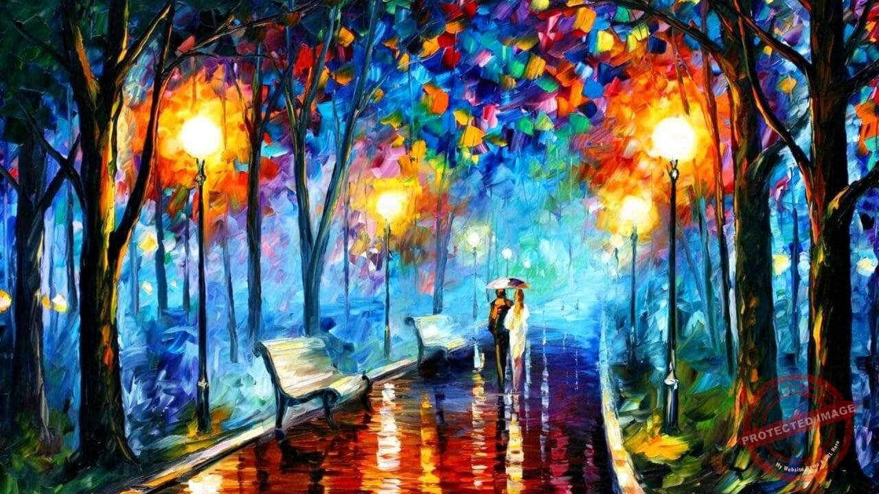 Couple walks on the road at night painting