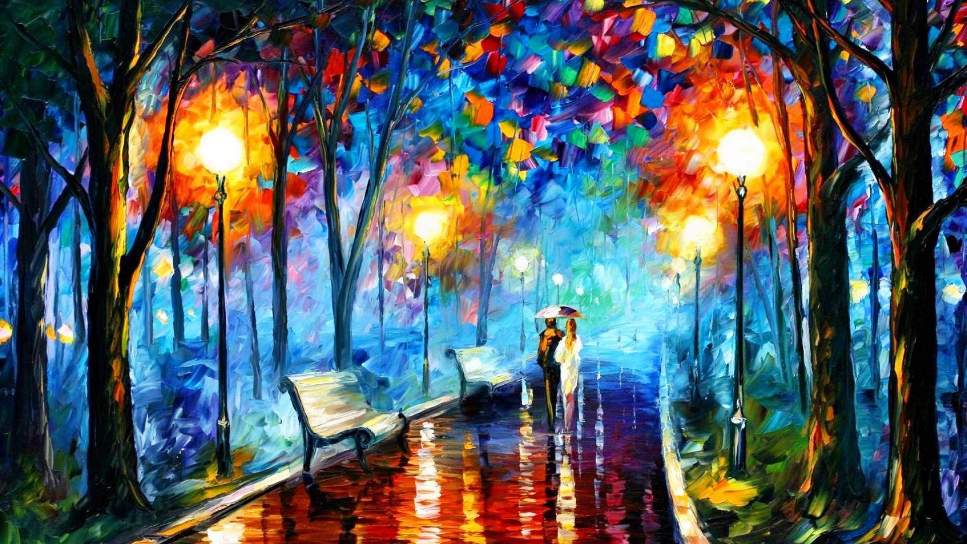 Couple walks on the road at night painting Straipsniai.lt