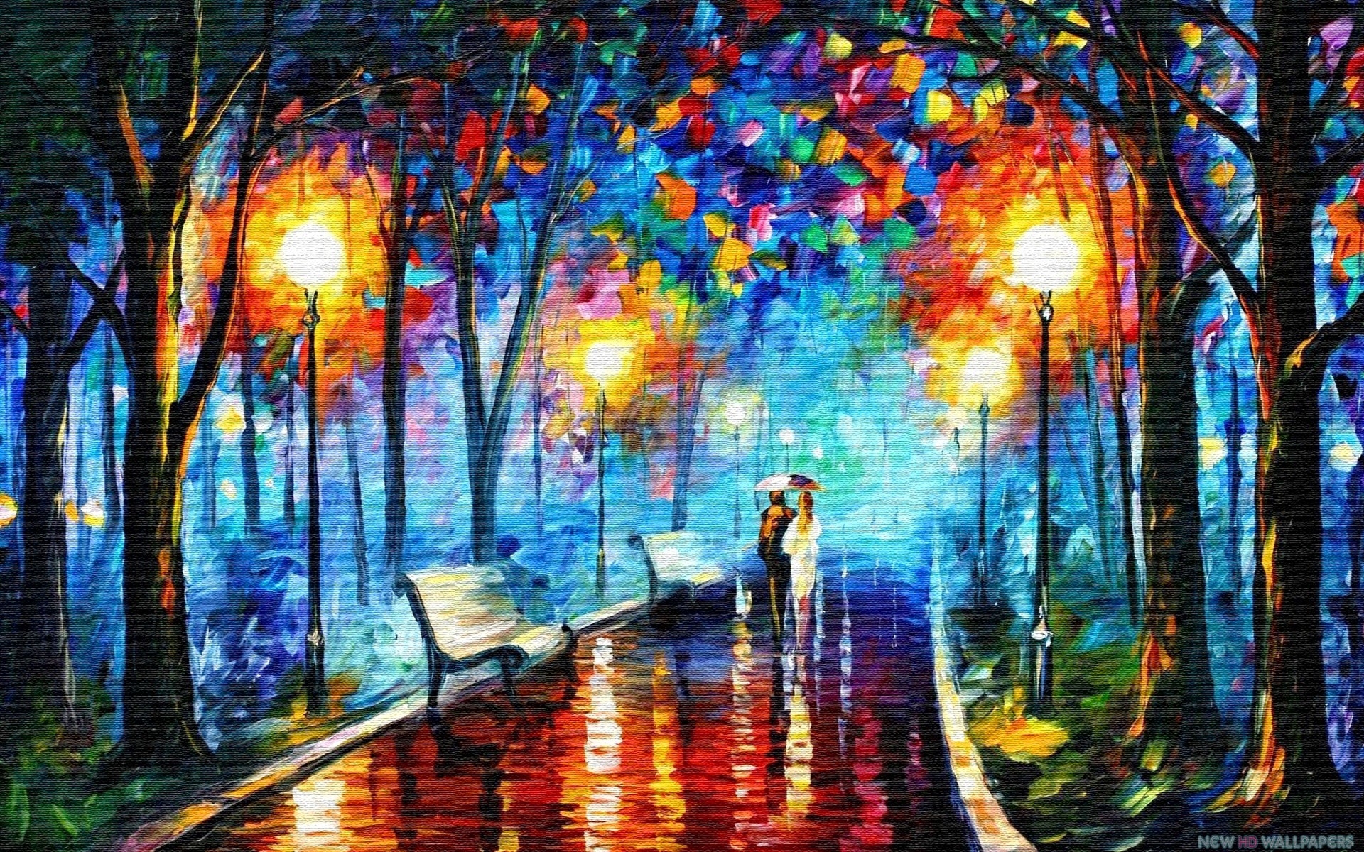 Love Couple on Rainy Night Road Painting Straipsniai.lt