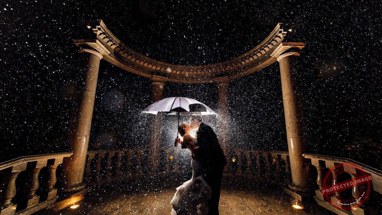 New couple lips kissing romance in rain