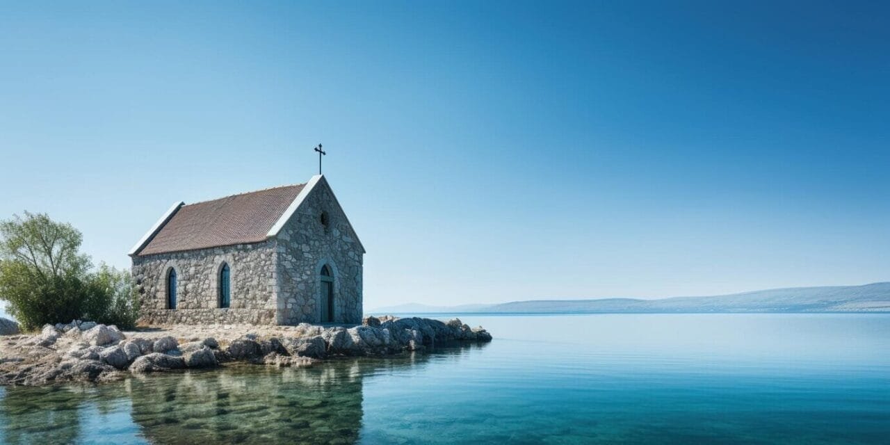 Ancient Stone Church Overlooks Tranquil Waters Vast Lake 157027