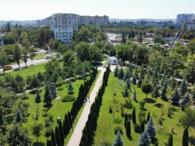 an aerial view of a park in a city
