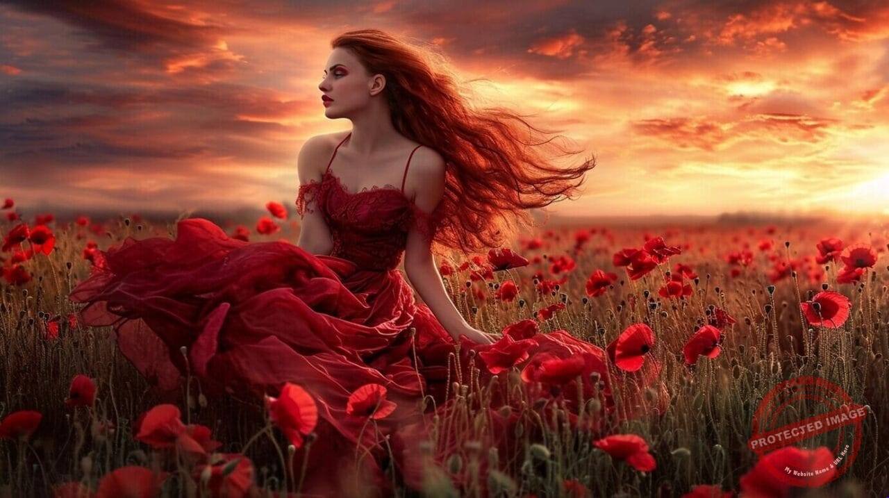Beautiful Girl With Red Hair Red Dress Lake Poppies 1268