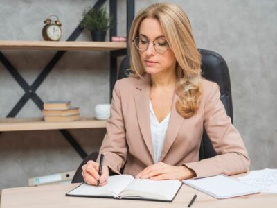 blonde-young-businesswoman-writing-diary-with-pen-office_23-2148029077