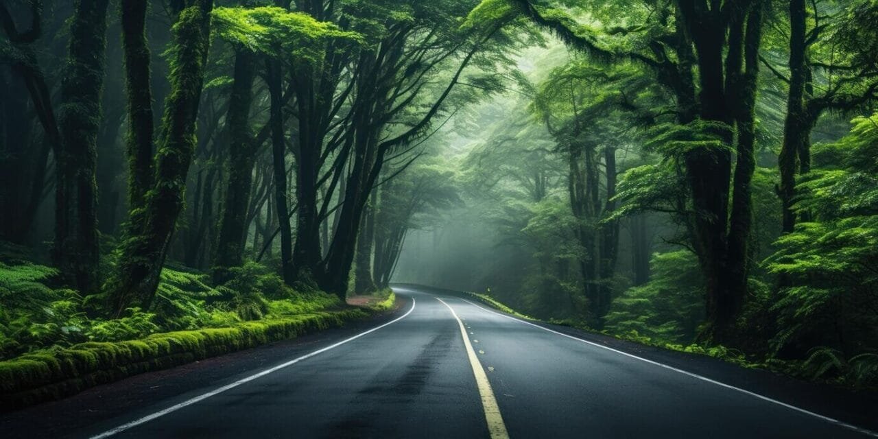 Foggy Road Winds Through Green Forest Inviting Exploration 157027
