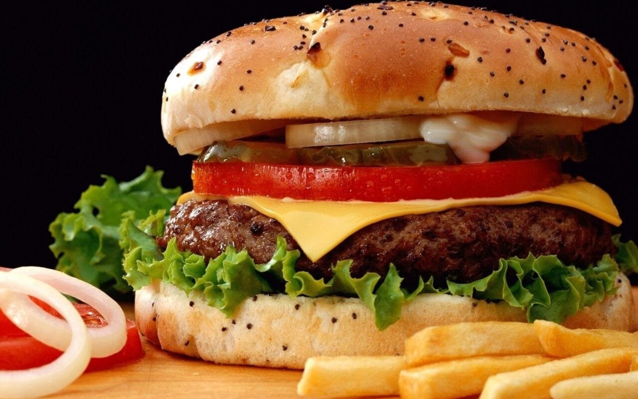 Food French Fries Onions Fast Food Hamburgers