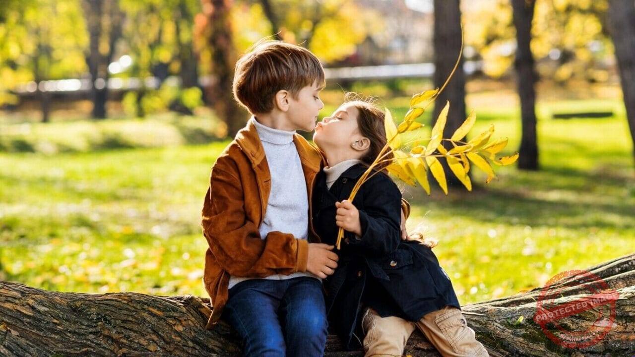 Happy Family Autumn Park Sister Kisses Her Brother He Hugs Her Sitting Tree Trunk 1268