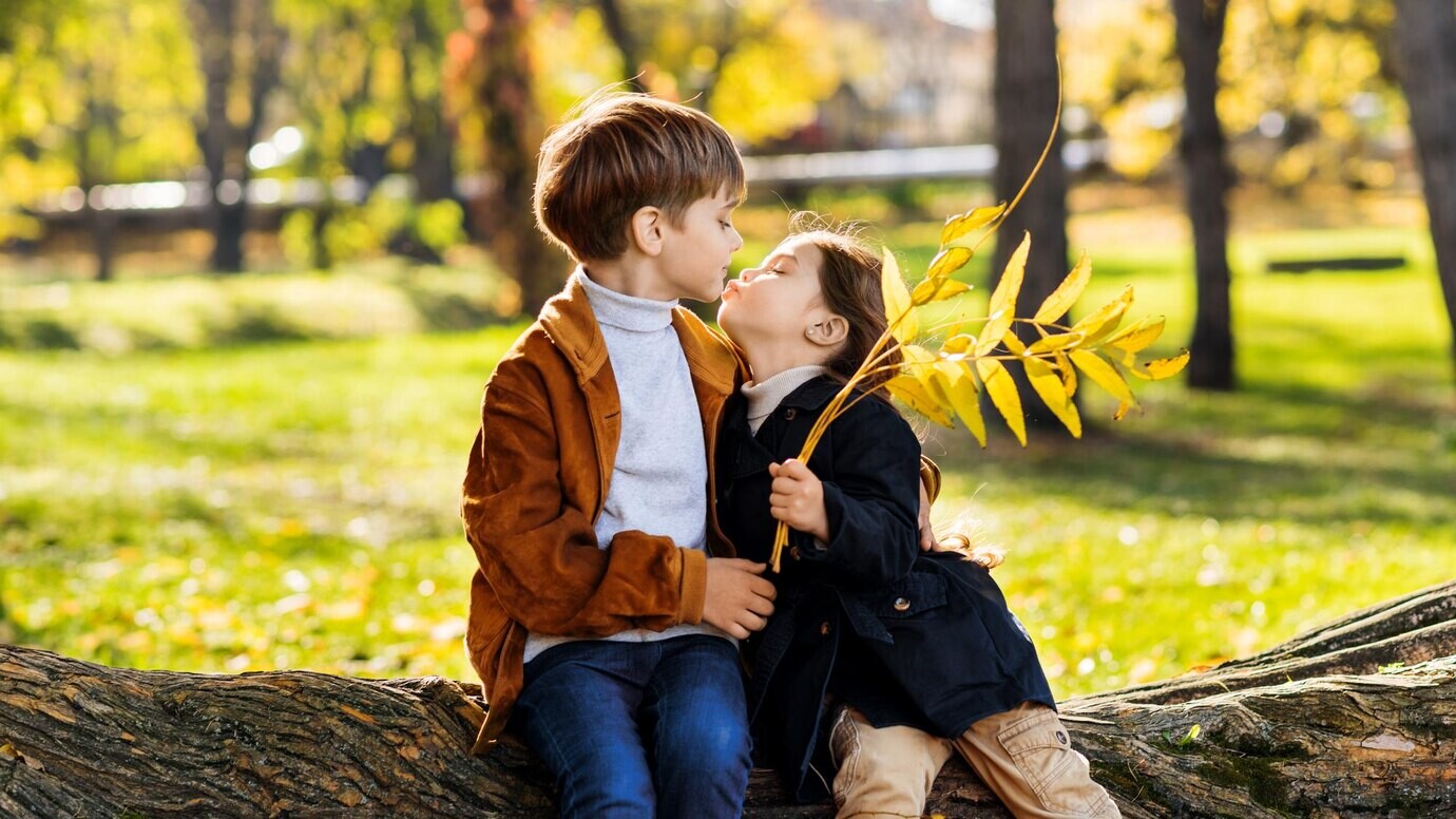 happy-family-autumn-park-sister-kisses-her-brother-he-hugs-her-sitting-tree-trunk_1268-21163
