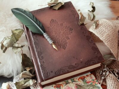 high-angle-shot-quill-pen-old-book-covered-with-dried-flower-petals_181624-15306