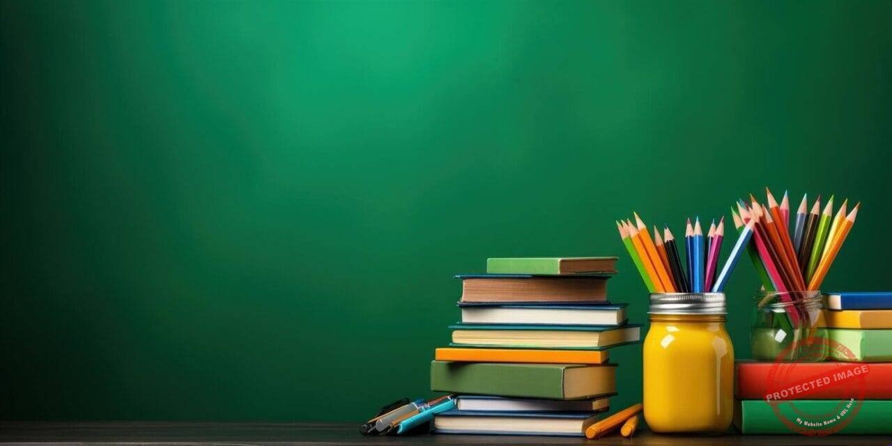 pencils-wire-holder-books-near-chalkboard-back-school_157027-4206
