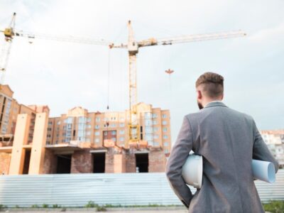 rear-view-male-architect-holding-blueprint-hard-hat-looking-construction-site_23-2148203954