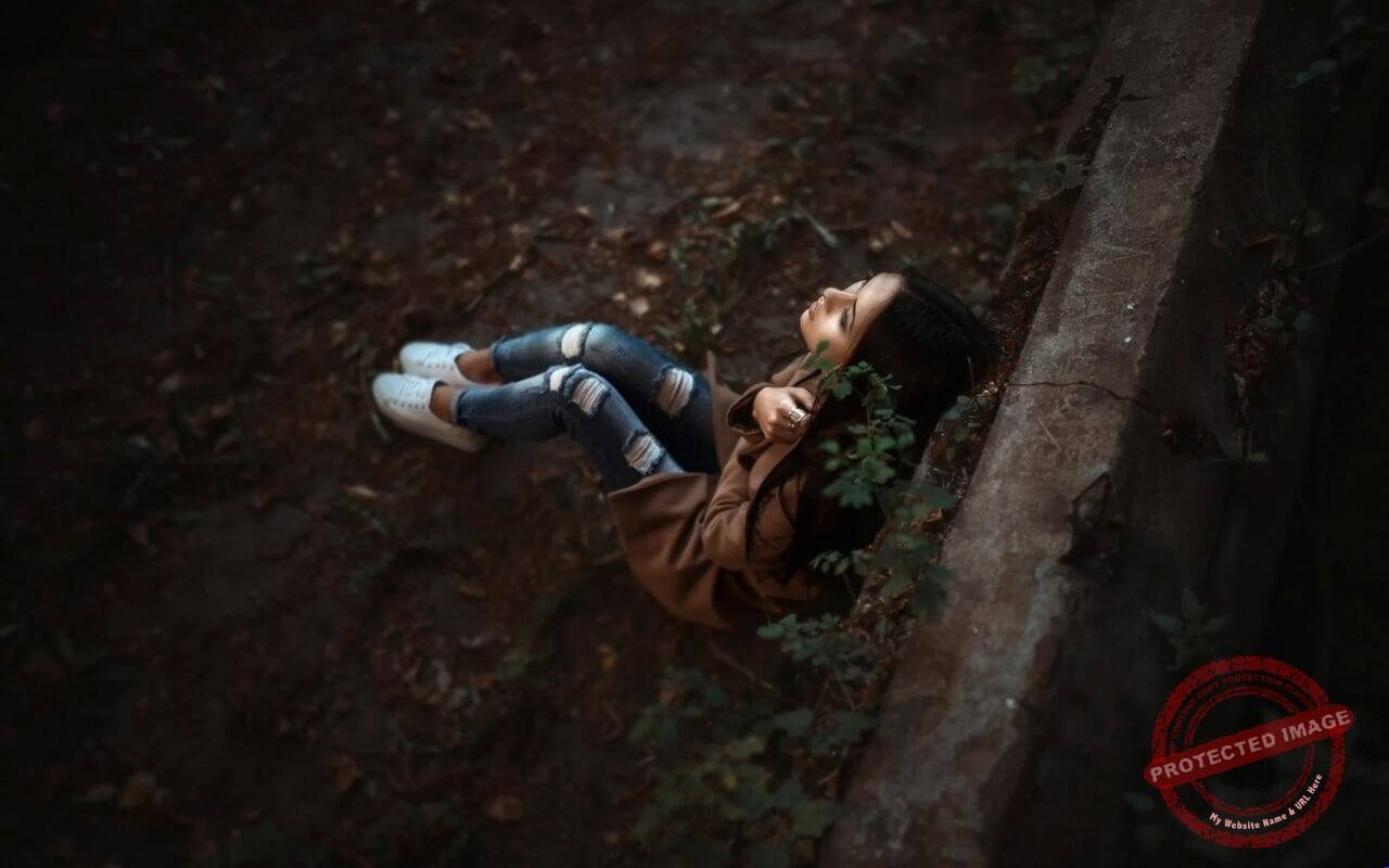 Sad Alone Lonely Girl Lost In Old Memories Sitting Under Tree Wide