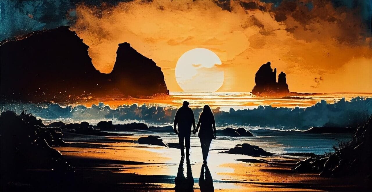 Silhouette Couple Standing Watching Tranquil Sunset Generative Ai 188544