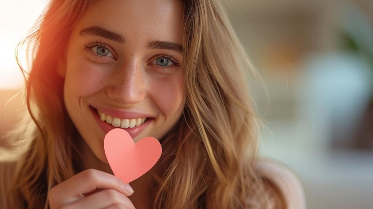 valentines day postcard with cute girl smiling with small paper heart 1268 31365 Straipsniai.lt