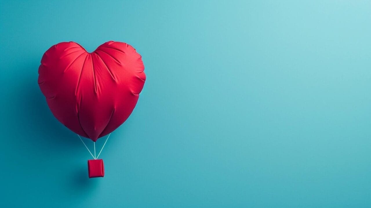Valentines Day Postcard With Red Heartshaped Hot Air Balloon Blue Isolate Background 1268
