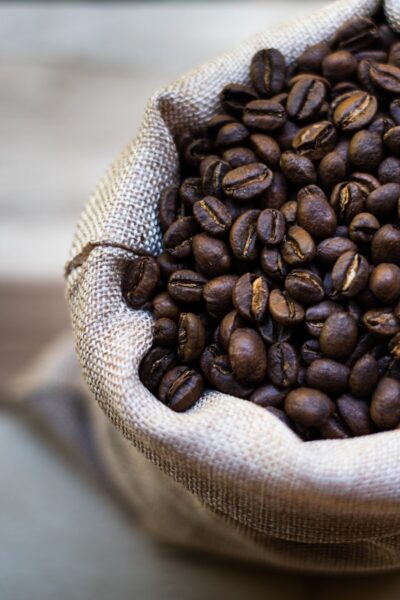 a sack of coffee beans on a table